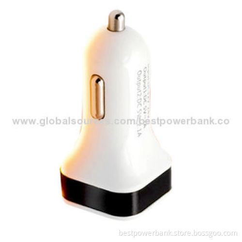 Good Quality 2 USB Car Chargers with Color Aluminum Rim, 12 to 24V DC Input Range for All Smartphone